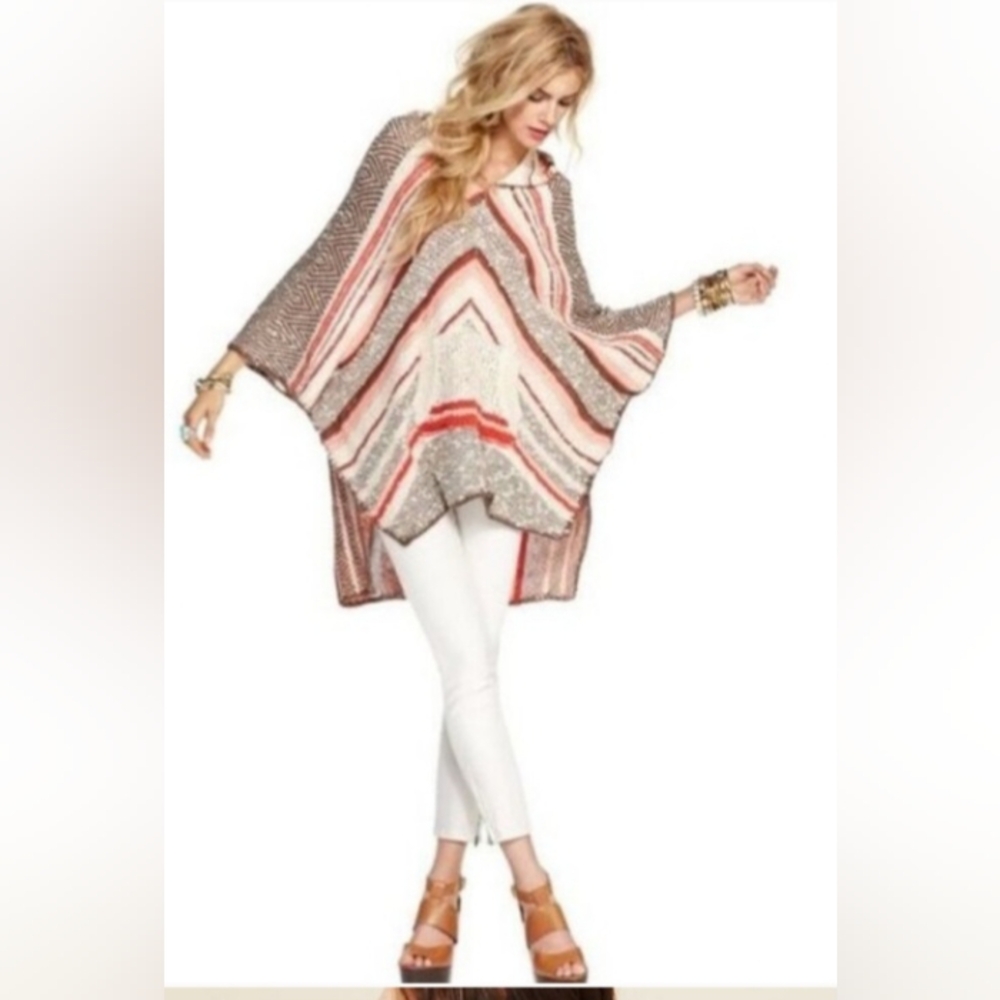 Free People Boho Hooded Slouchy Crocheted Pancho